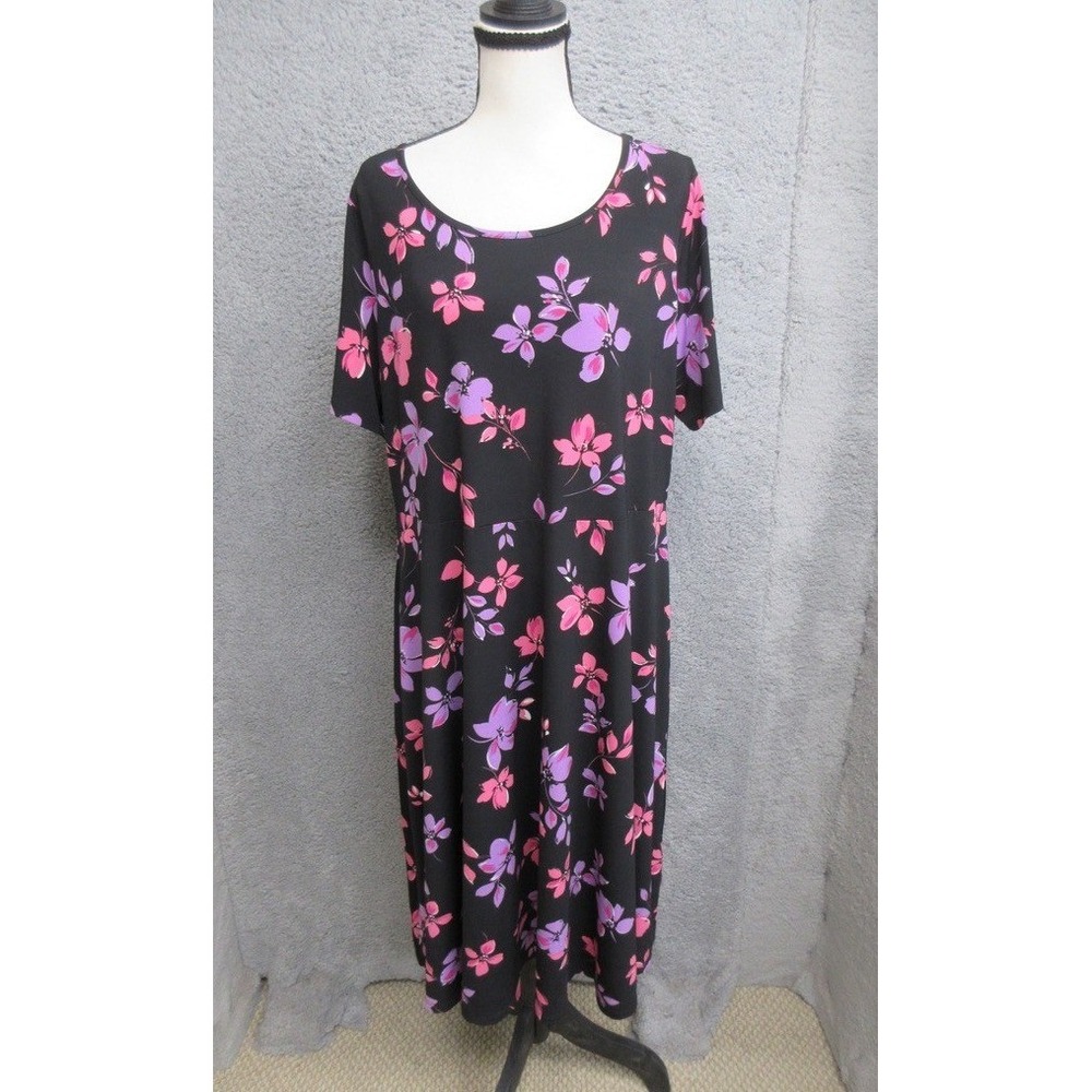 Woman Within Floral Dress Women 14/16 Black Pink Purple Cottagecore Botanical